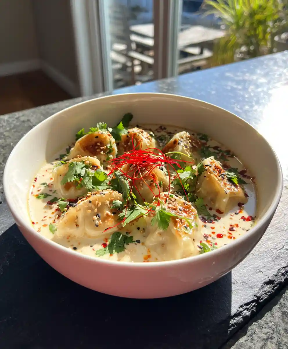 Coconut Miso Potsticker Soup with Lime Sesame Cream