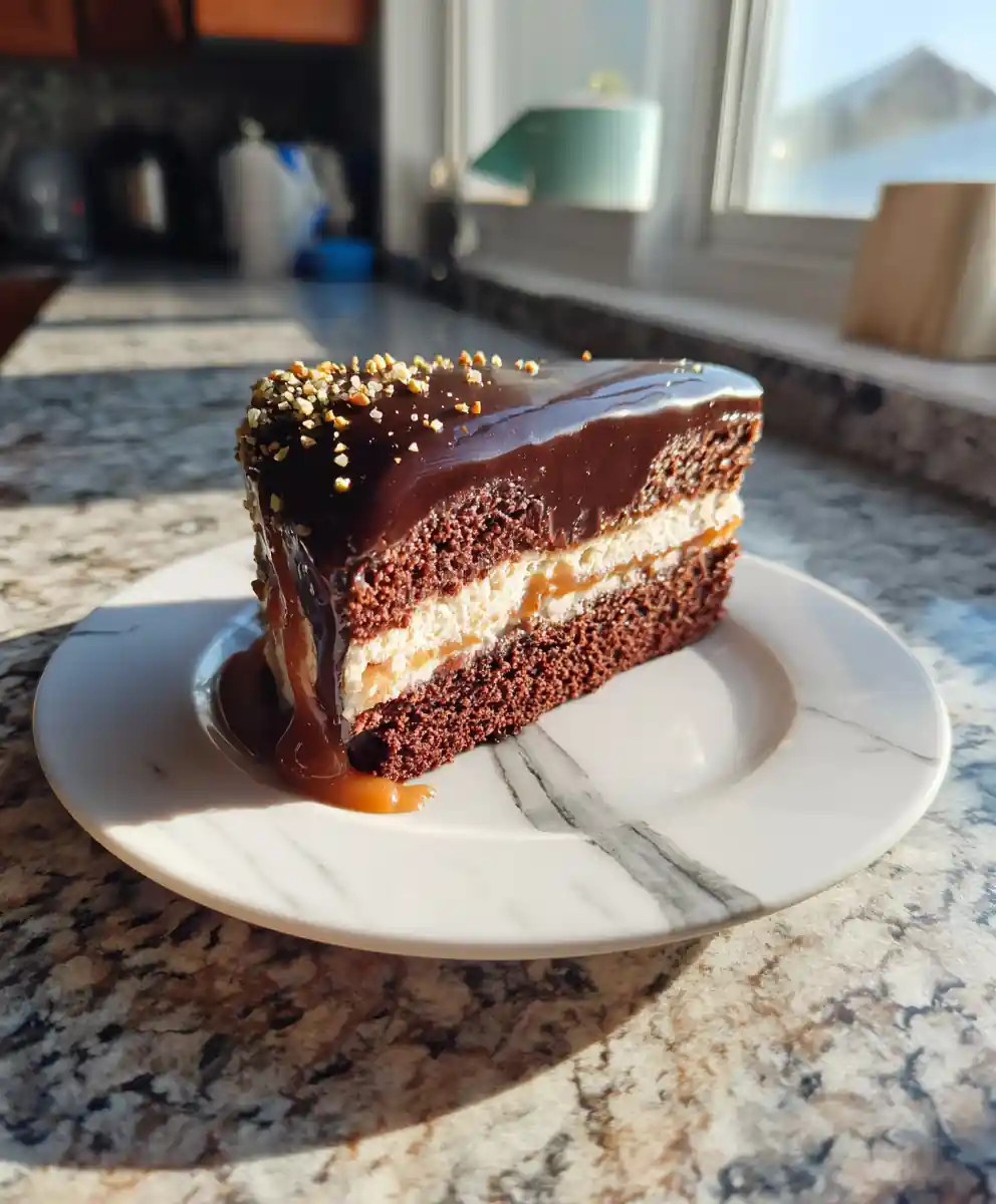 Coffee Infused Tuxedo Cake with Salted Caramel Drizzle