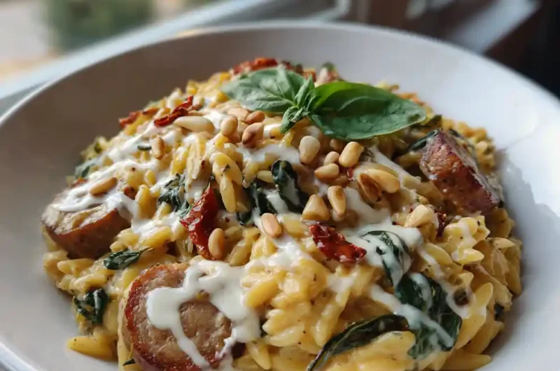 Creamy Chicken Sausage Orzo Skillet With Sun Dried Tomato Basil Swirl 1767853273.3204892