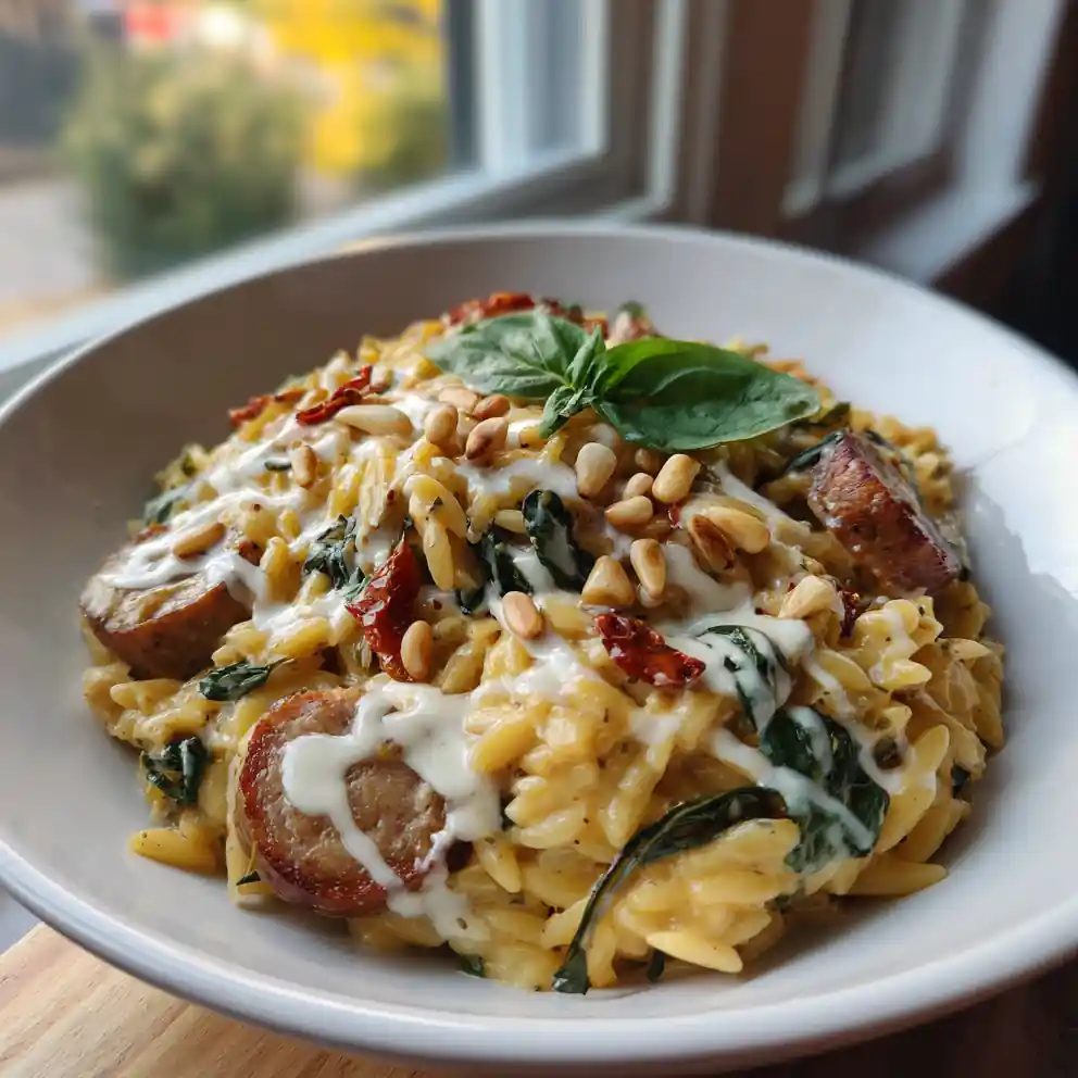 Creamy Chicken Sausage Orzo Skillet with Sun Dried Tomato Basil Swirl