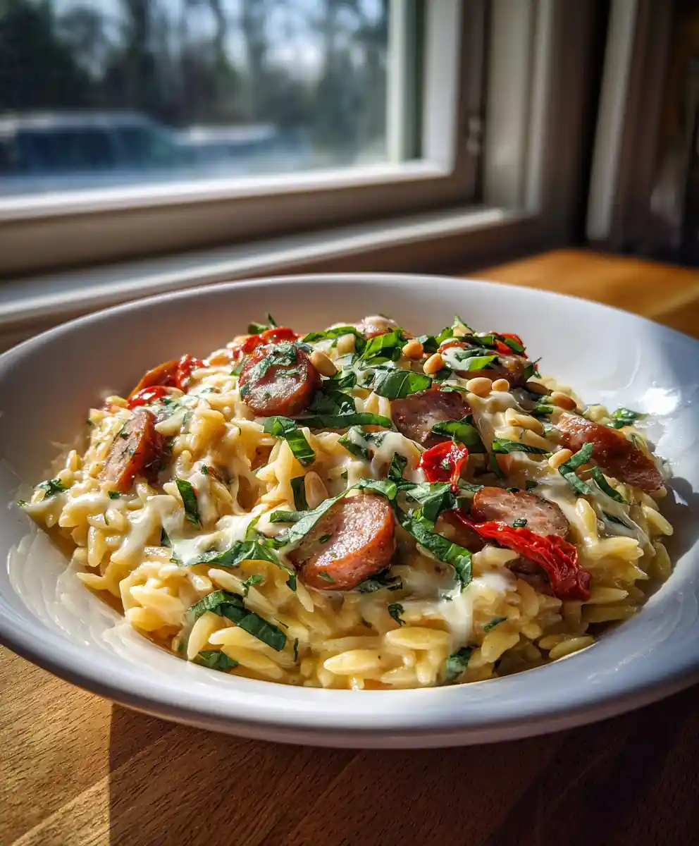 Creamy Chicken Sausage Orzo Skillet with Sun Dried Tomato Basil Swirl