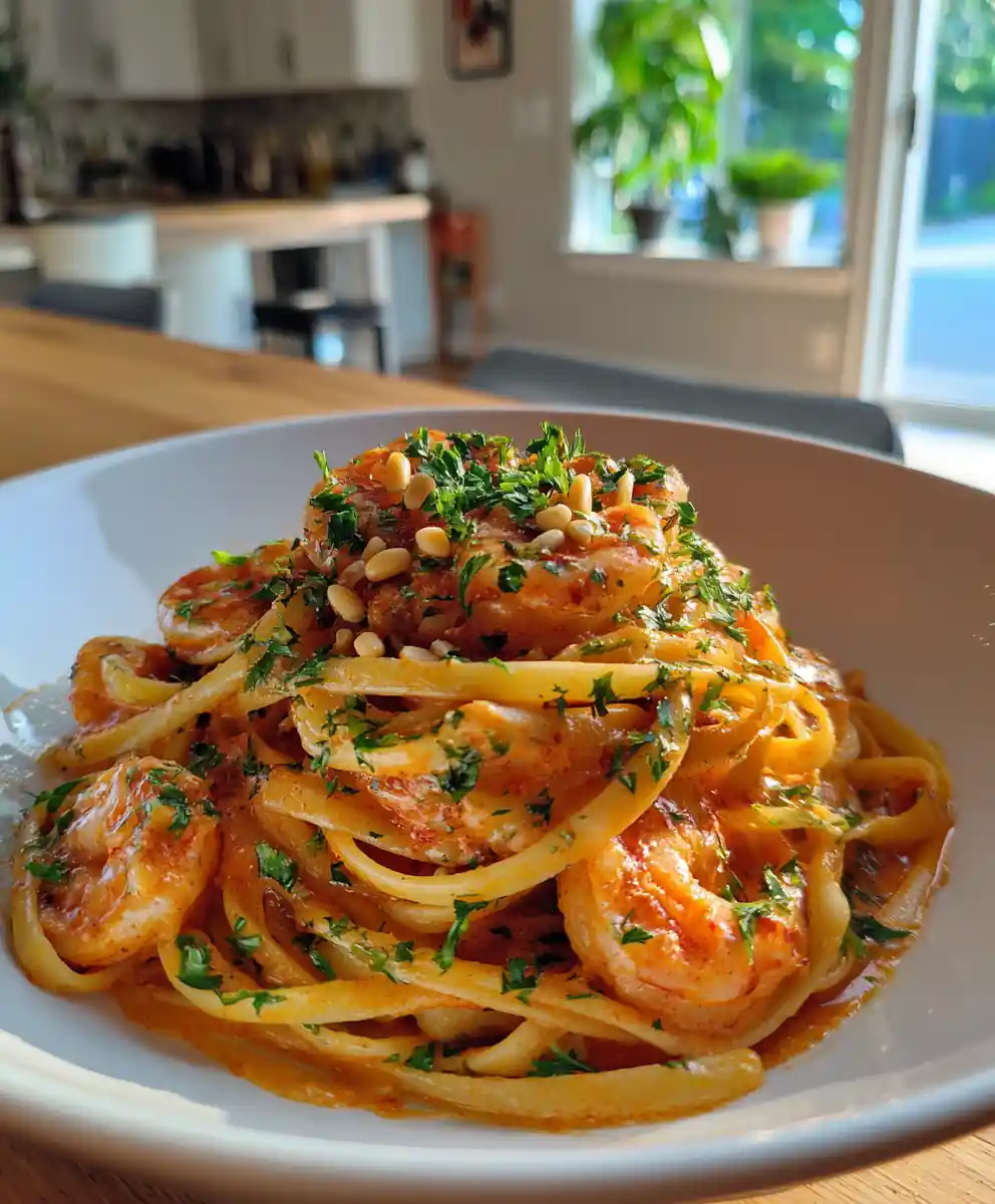 Creamy Chili Garlic Prawn Pasta with Roasted Red Pepper Cream Swirl