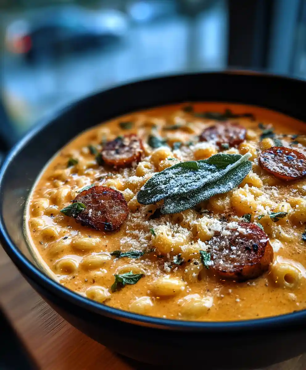 Creamy Parmesan Chicken Sausage Ditalini Soup with Roasted Red Pepper Swirl