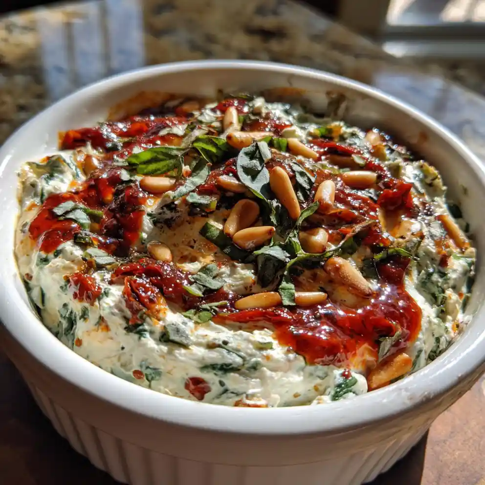 Creamy Tuscan Dip with Roasted Red Pepper Swirl