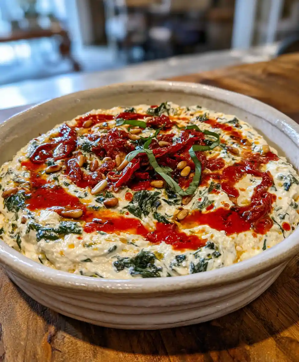 Creamy Tuscan Dip with Roasted Red Pepper Swirl