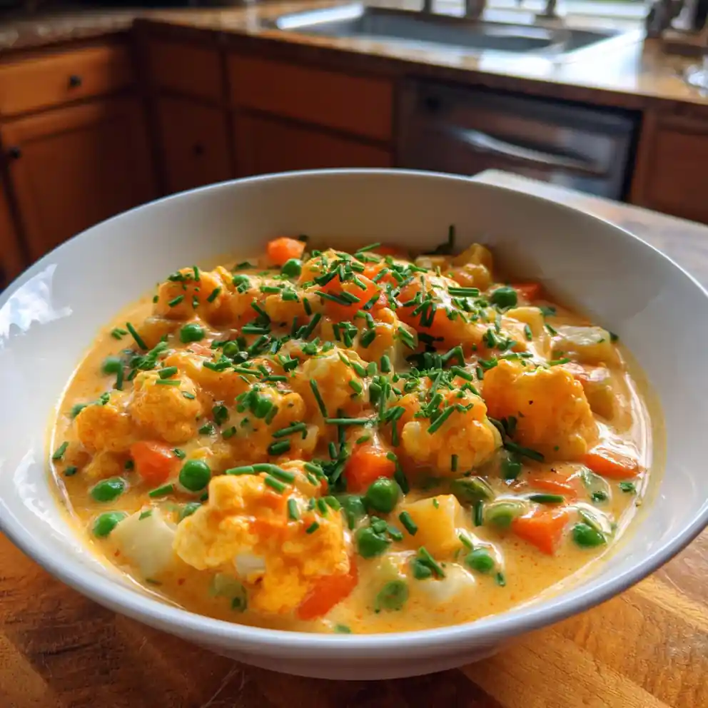 Creamy Veggie Pot Pie Soup with Saffron Cashew Cream Swirl