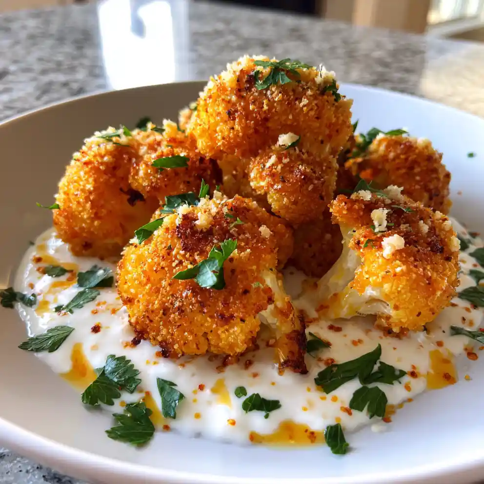 Crispy Baked Cauliflower Bites with Smoked Paprika Crust and Garlic Yogurt Sauce