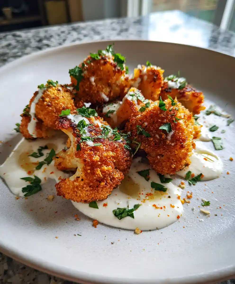 Crispy Baked Cauliflower Bites with Smoked Paprika Crust and Garlic Yogurt Sauce