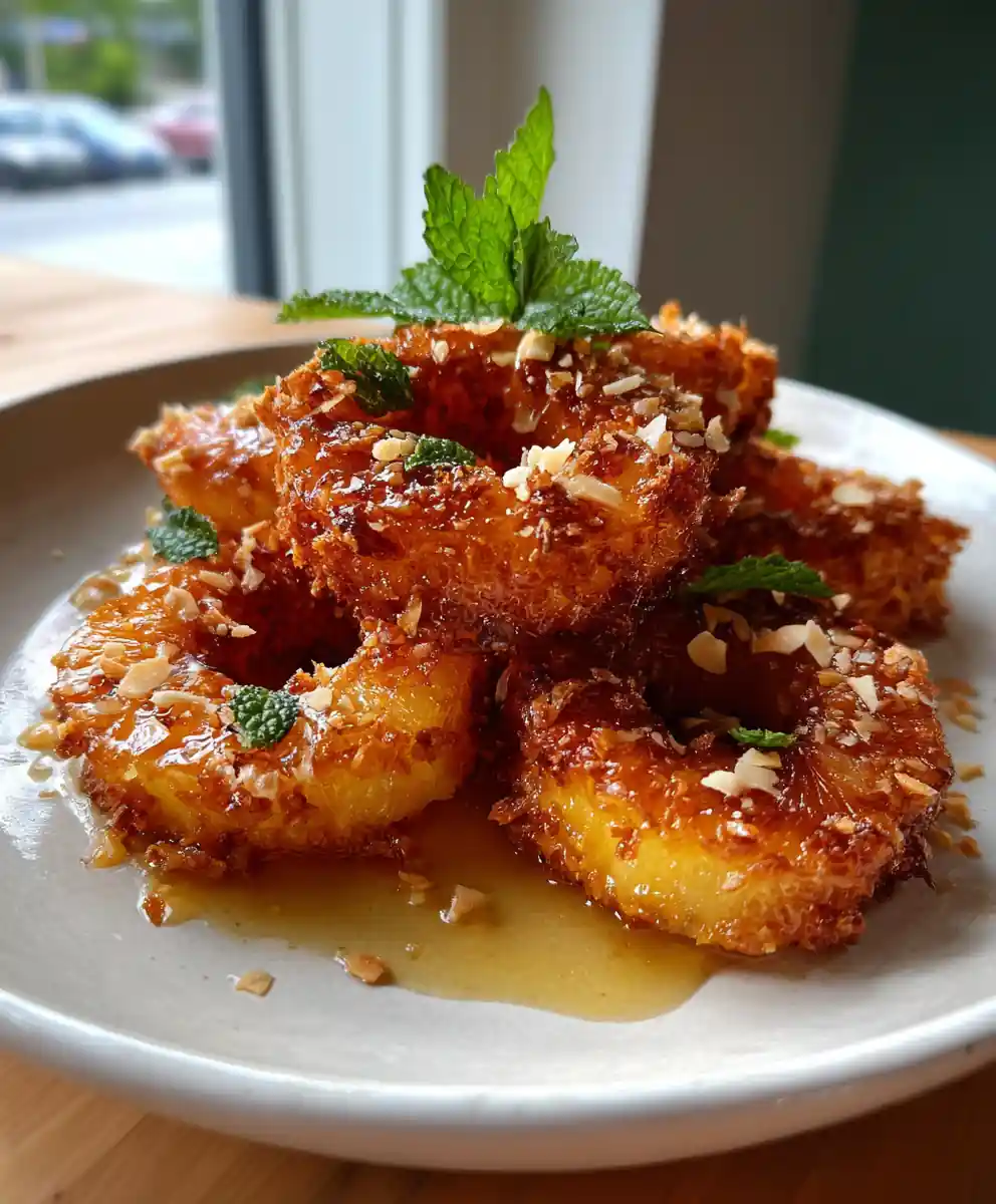 Crispy Fried Pineapple with Lime Infused Coconut Crust and Honey Lime Drizzle
