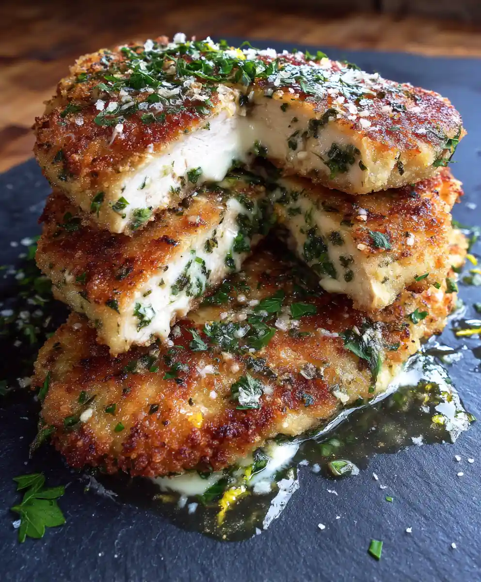 Crispy Garlic Parmesan Chicken Cutlets with Melted Cheese Center
