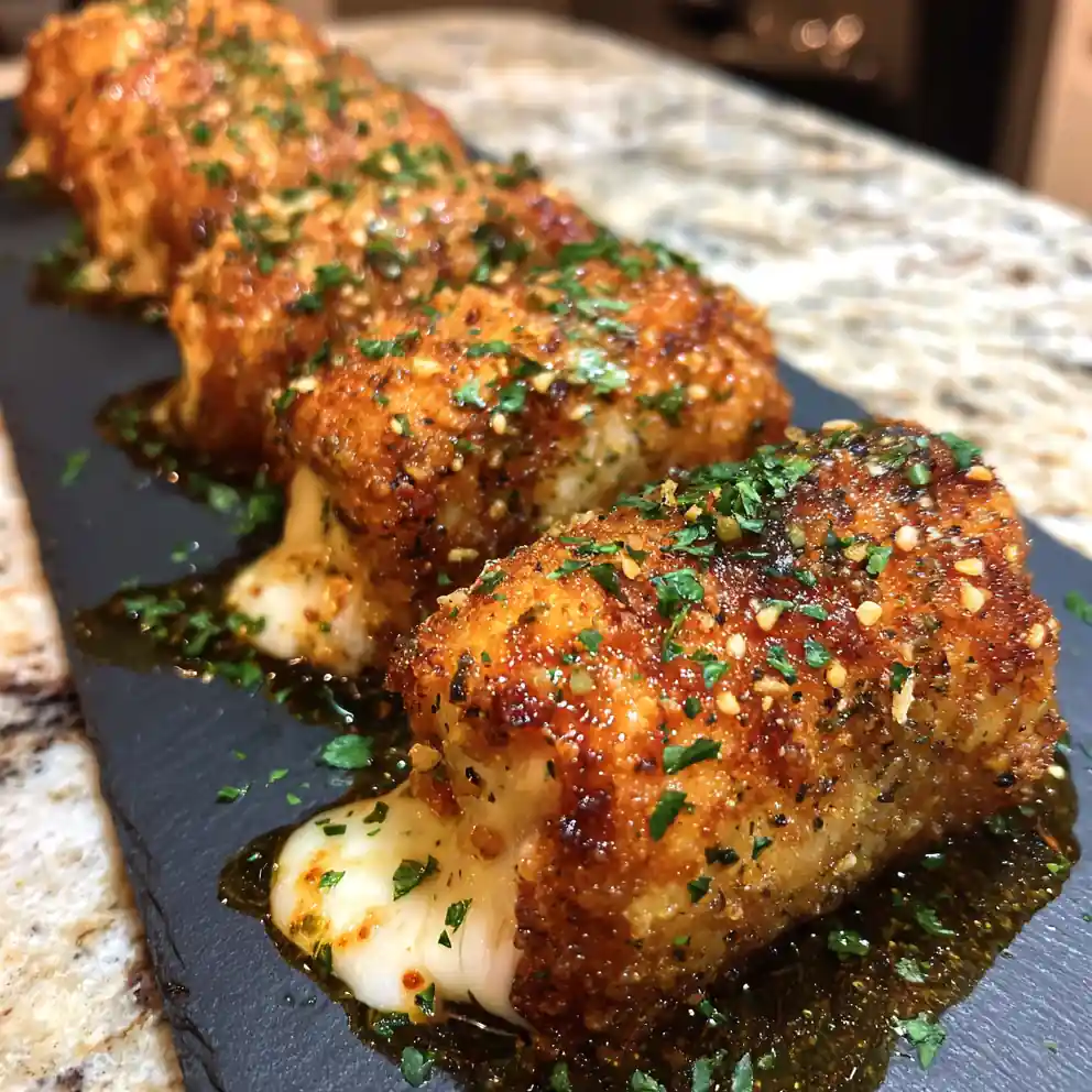 Crispy Smoked Turkey Wrapped Mozzarella Bites with Garlic Herb Drizzle
