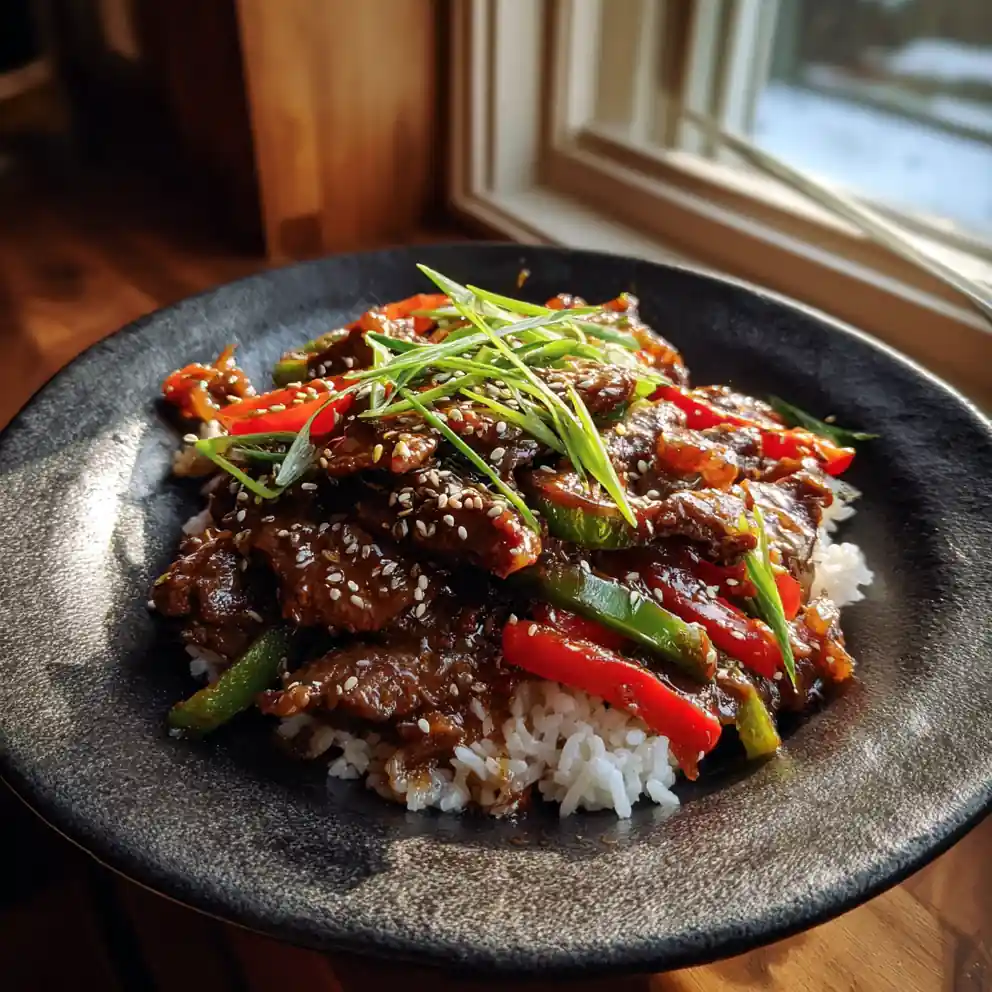 Crock Pot Pepper Steak with Miso Ginger Glaze