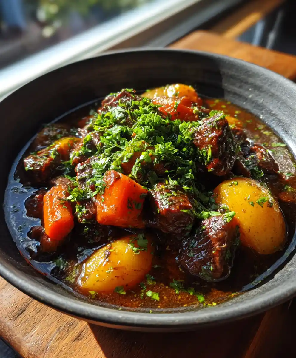 Crockpot Beef Stew with Coffee Rub and Herb Garlic Drizzle