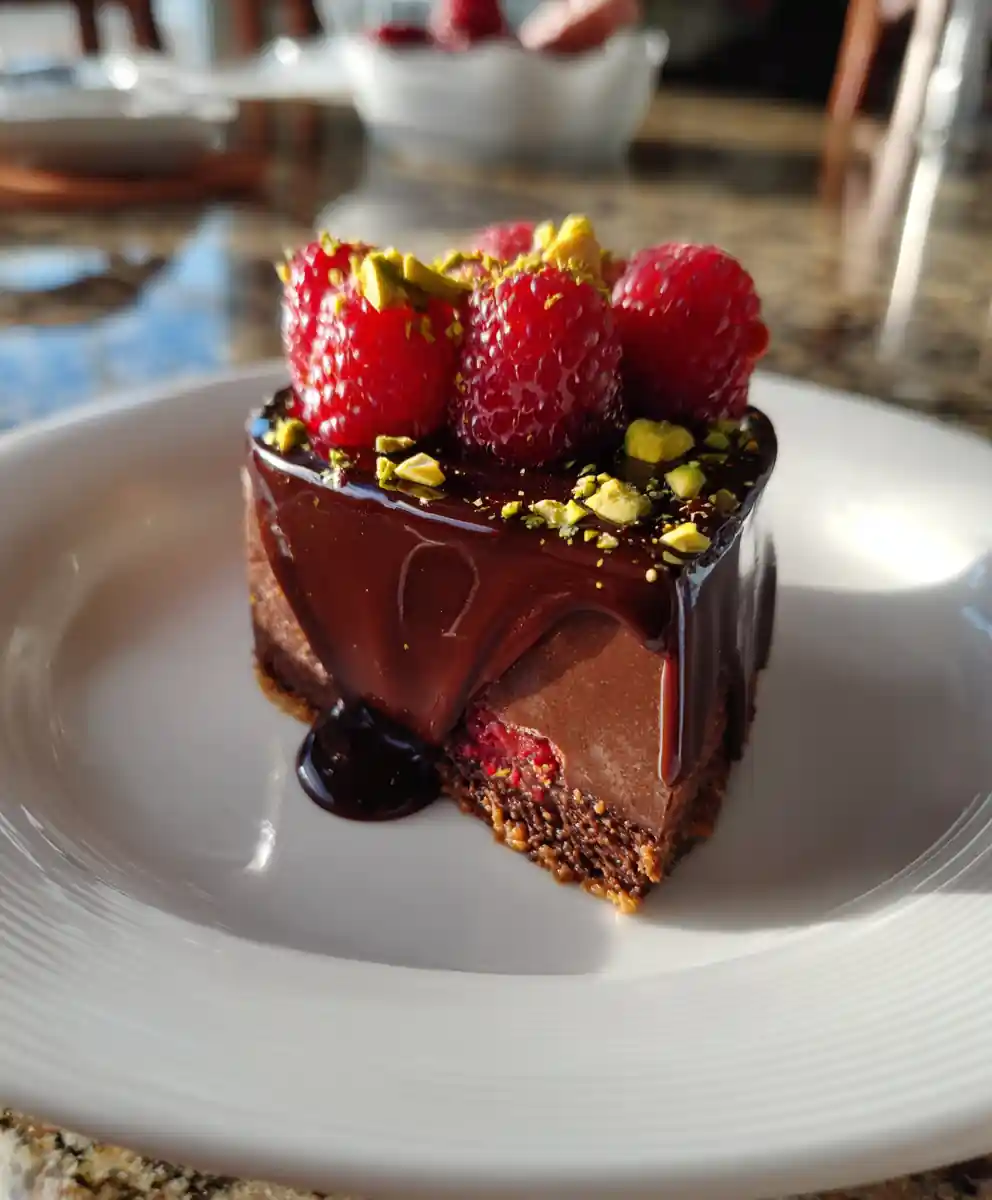 Dark Chocolate Raspberry Mousse Cake with Pistachio Praline Crunch