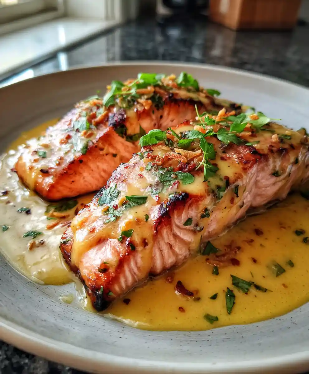 Garlic Butter Salmon in Coconut Curry with Mango Coconut Glaze