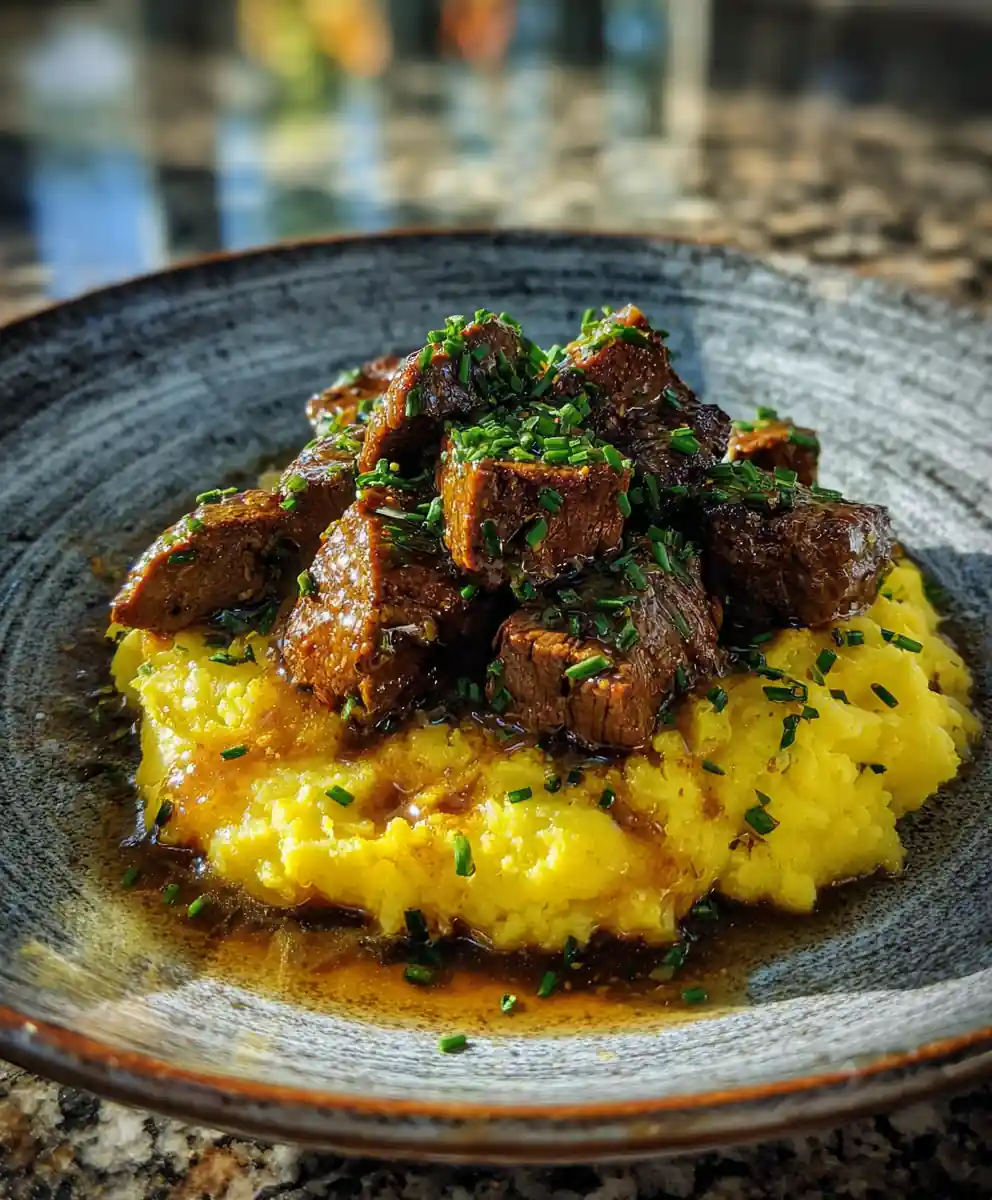 Garlic Butter Steak Bites with Herb Brown Butter Drizzle and Creamy Mash