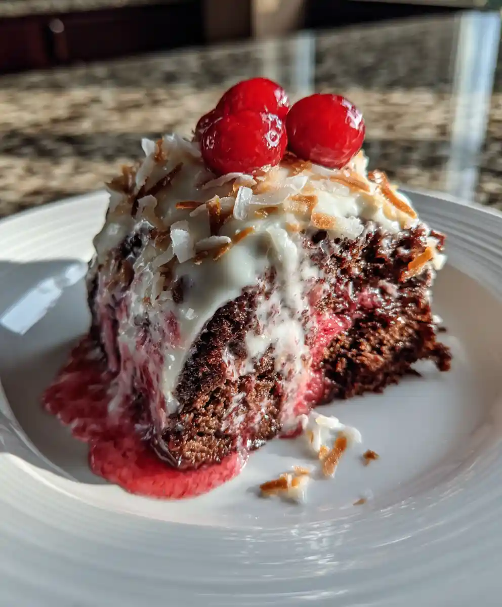 German Chocolate Poke Cake with Raspberry Ribbon and Toasted Coconut