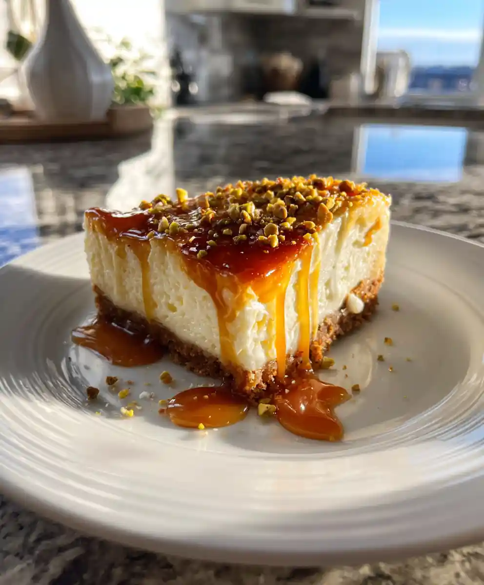 Ginger Caramel Swirl Cheesecake Bars with Toasted Pistachio