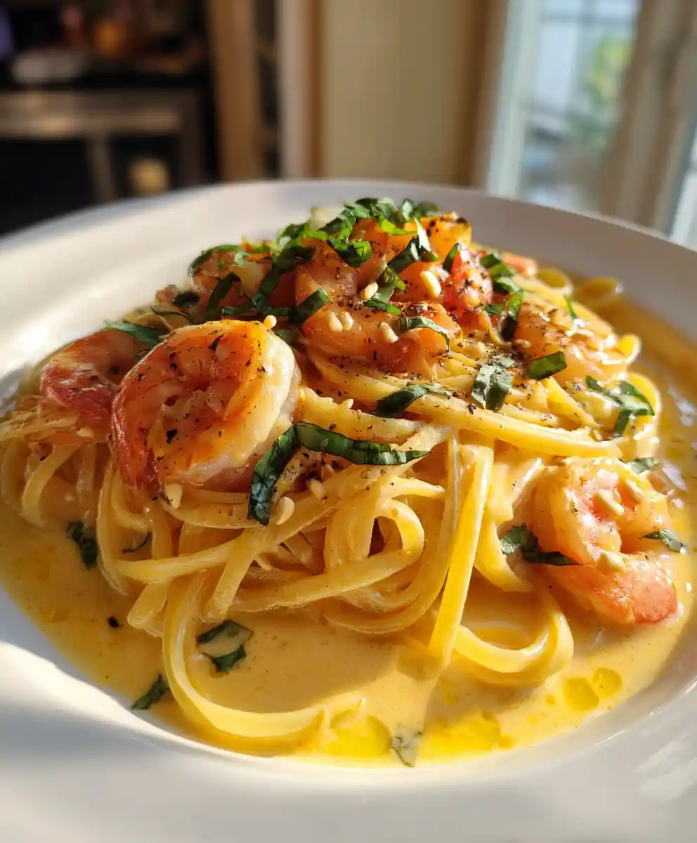 Golden Saffron Cream Garlic Shrimp Pasta