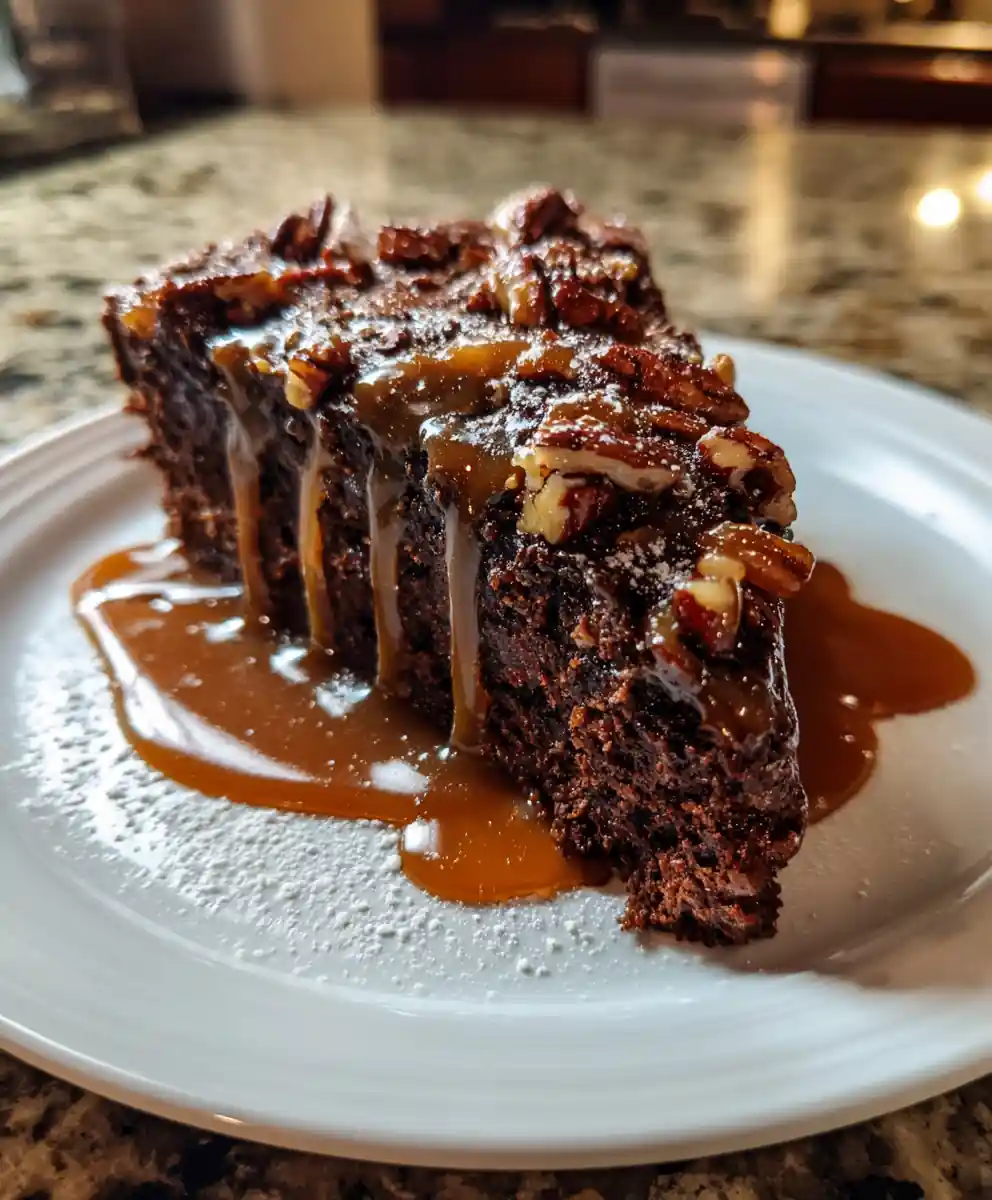 Gooey Chocolate Pecan Cake with Caramel Swirl