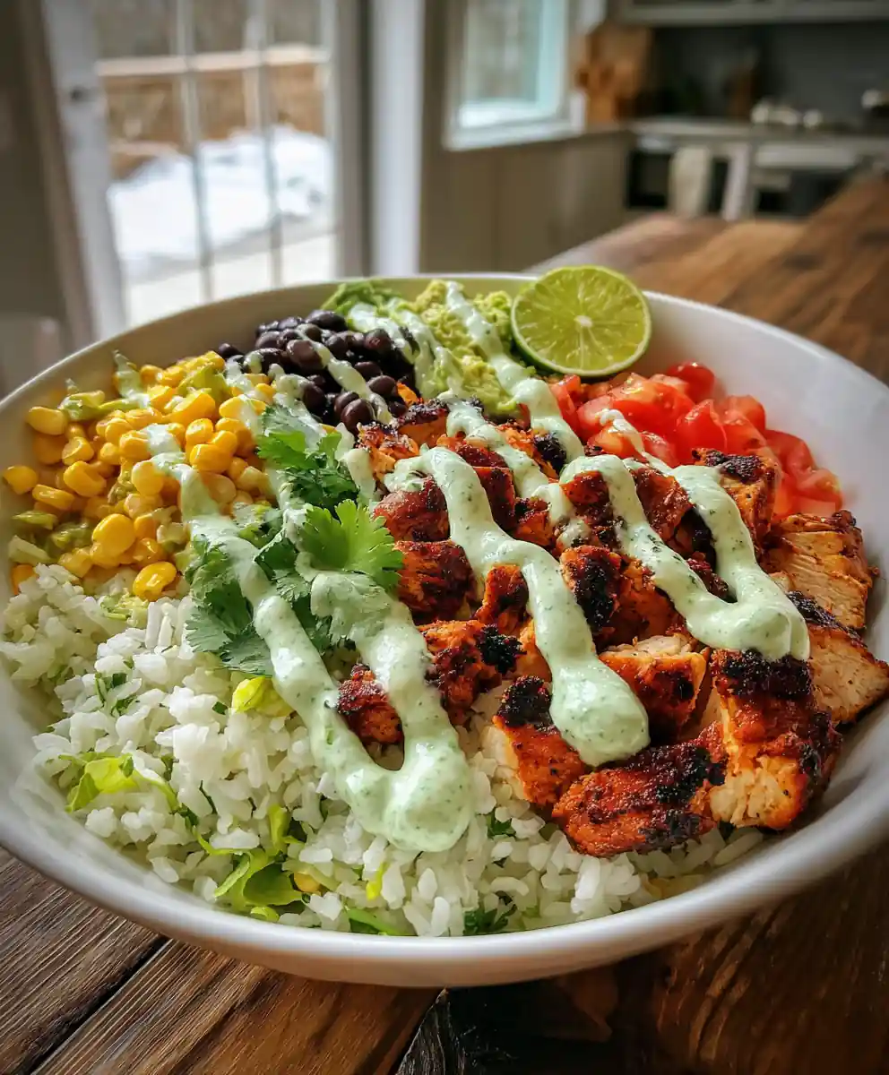 Grilled Chicken Burrito Bowl with Chipotle Lime Crema, Rice & Beans