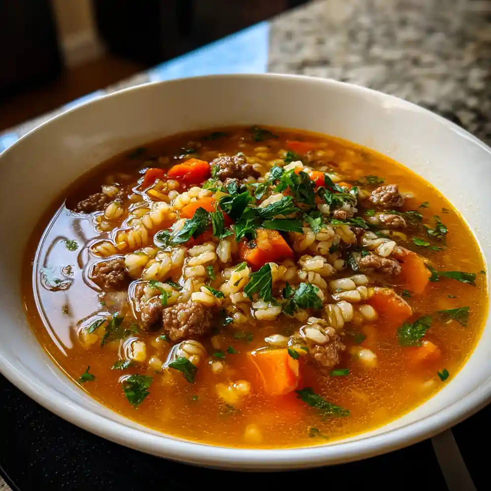 Ground Beef Barley Soup with Roasted Red Pepper Swirl