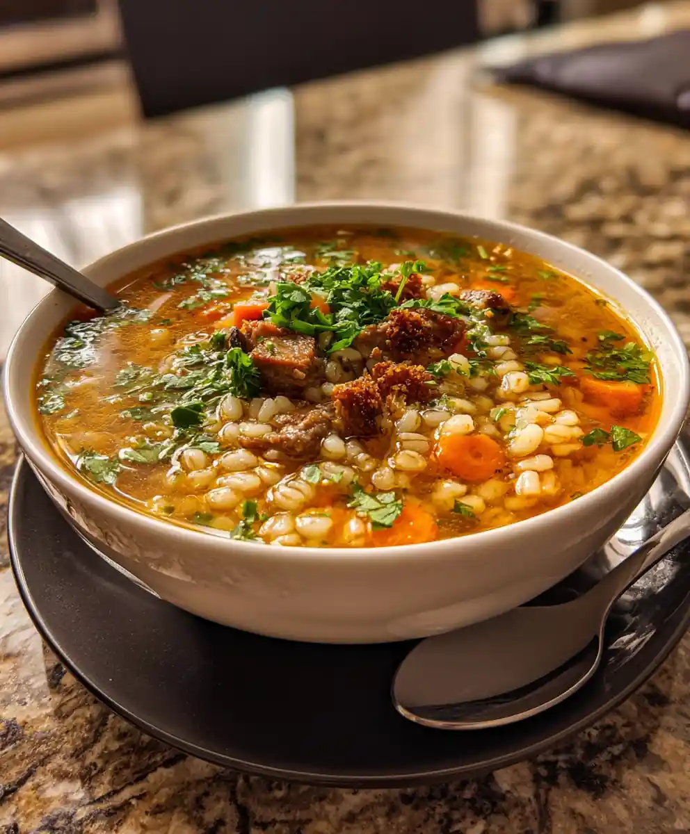 Ground Beef Barley Soup with Roasted Red Pepper Swirl