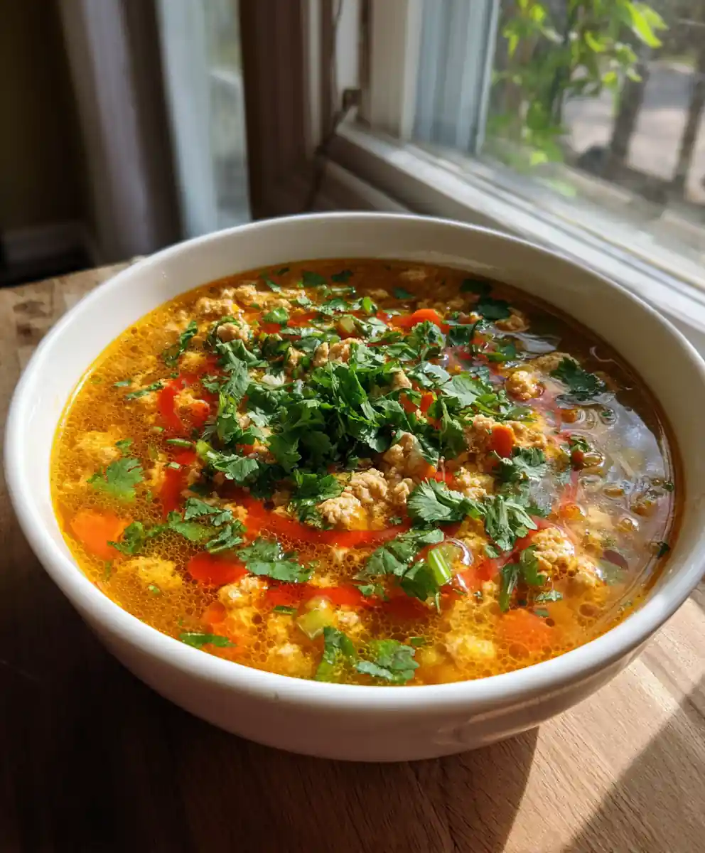 Ground Turkey Soup with Roasted Red Pepper Swirl