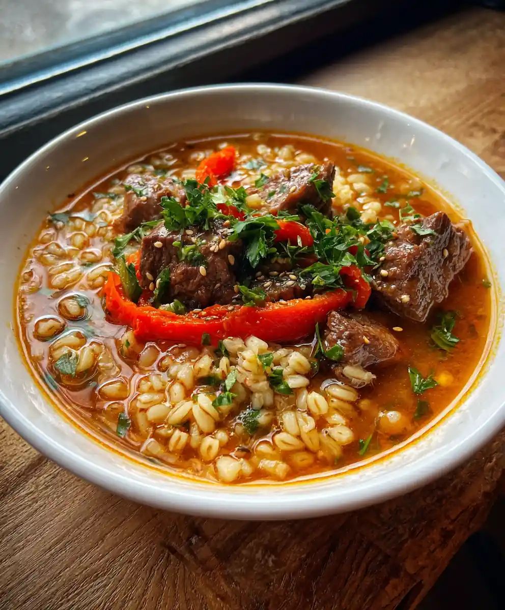 Hearty Beef Barley Soup with Roasted Red Pepper Swirl