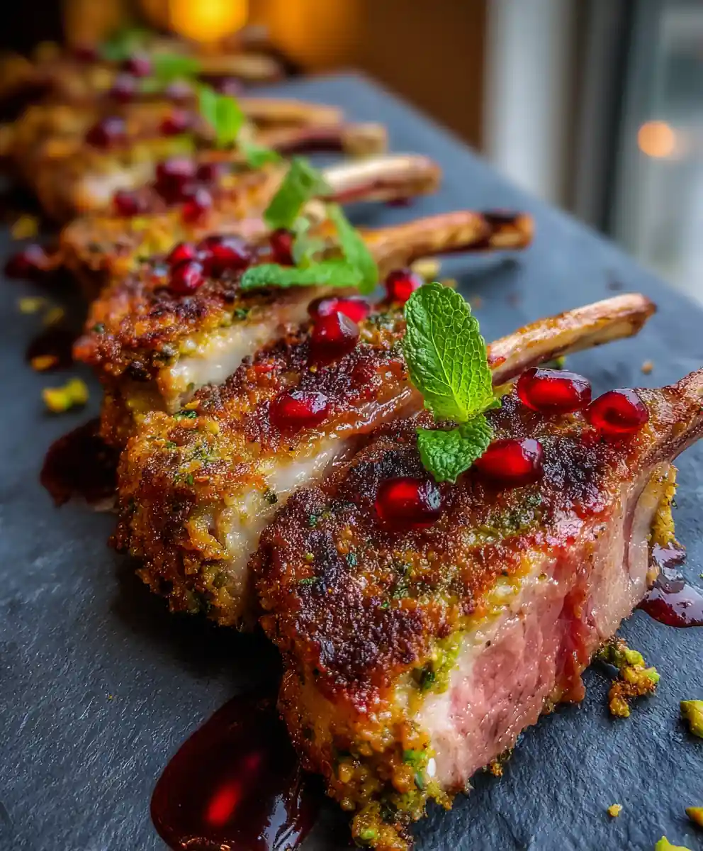 Honey Garlic Lamb Chops with Pistachio Herb Crust and Pomegranate Drizzle