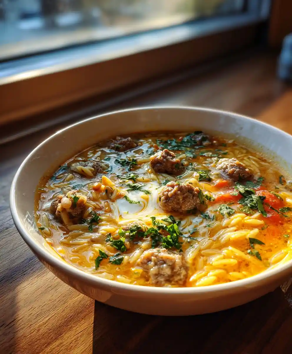 Italian Sausage Orzo Soup with Lemon Ricotta Swirl