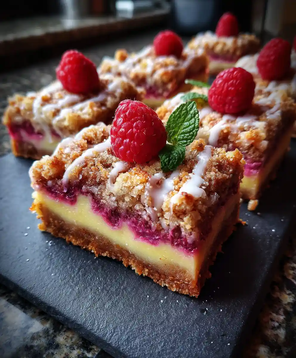 Lemon Bars with Raspberry Swirl and Almond Crumb Topping