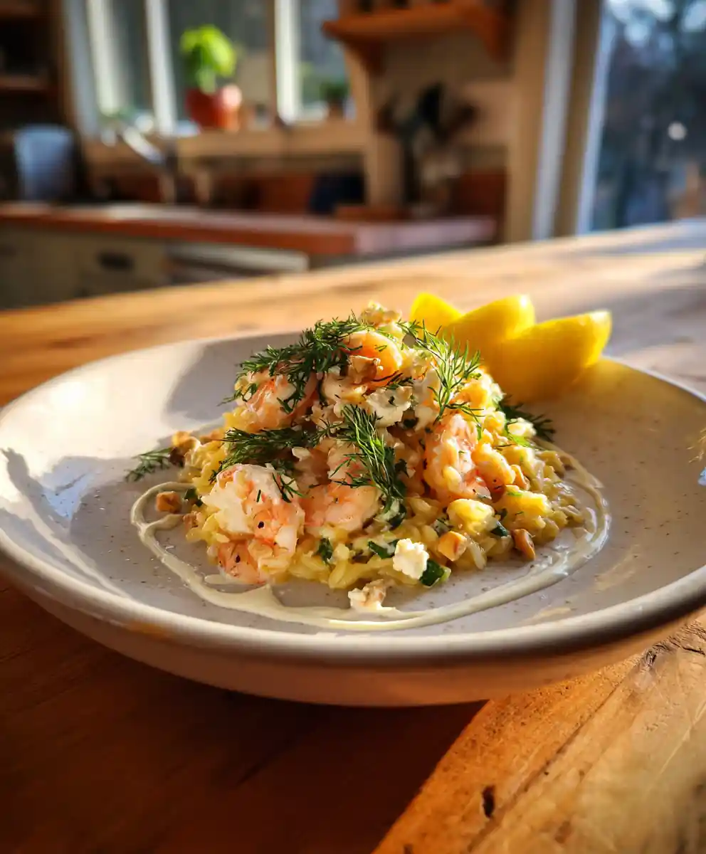 Lemon Feta Orzo with Shrimp and Creamy Herb Swirl