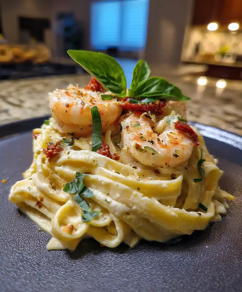 Lemon Garlic Shrimp Alfredo Pasta with Sun Dried Tomato Swirl