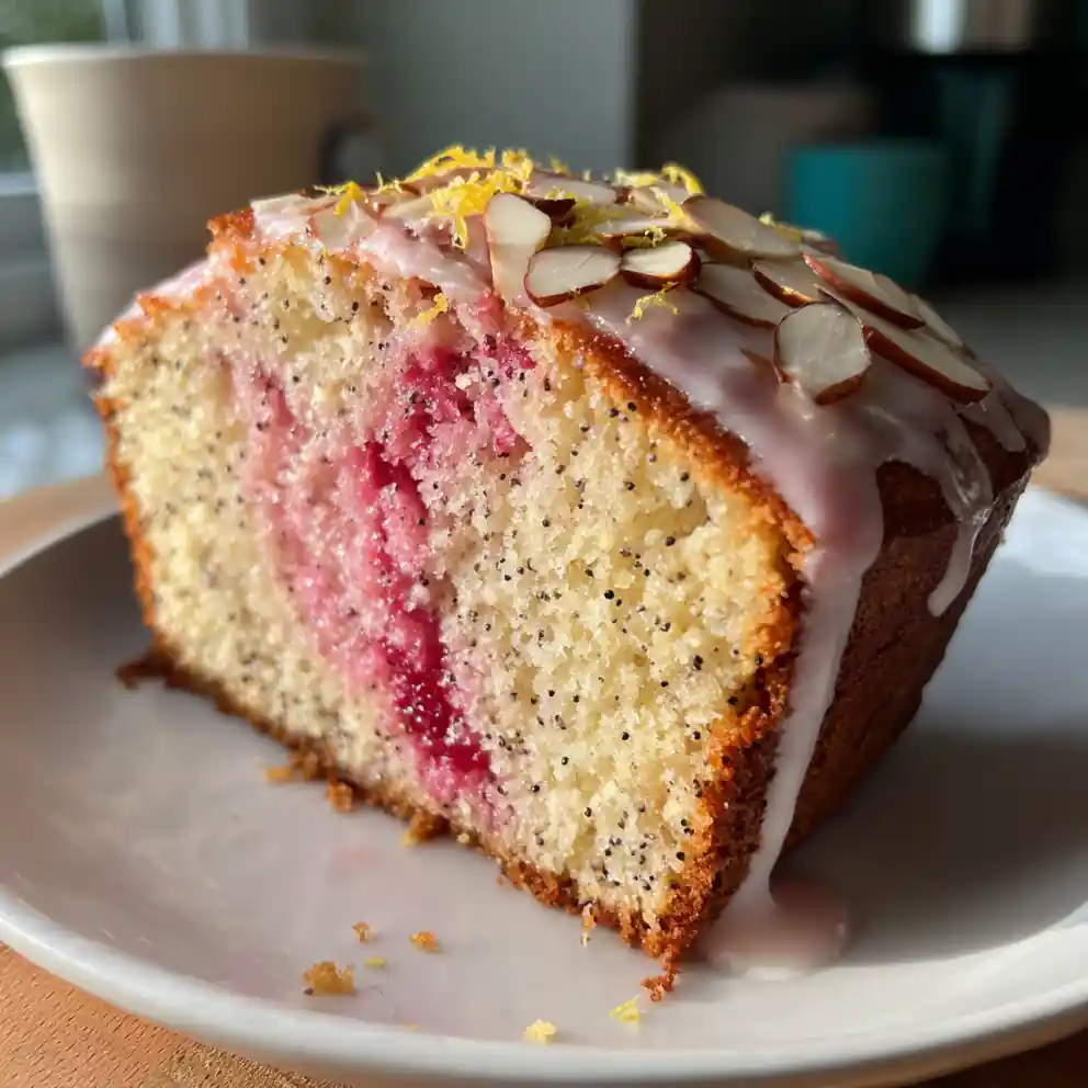Lemon Poppy Seed Cake with Raspberry Swirl