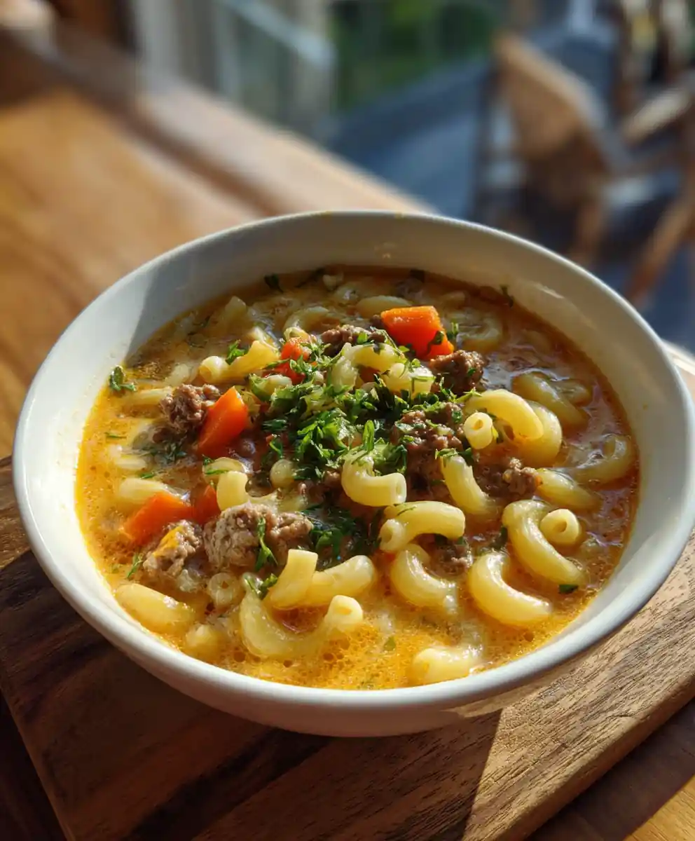 Macaroni Cheeseburger Soup with Chipotle Cheddar Swirl