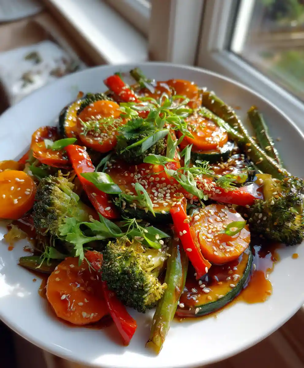 Miso Maple Glazed Sautéed Vegetables with Sesame Crunch