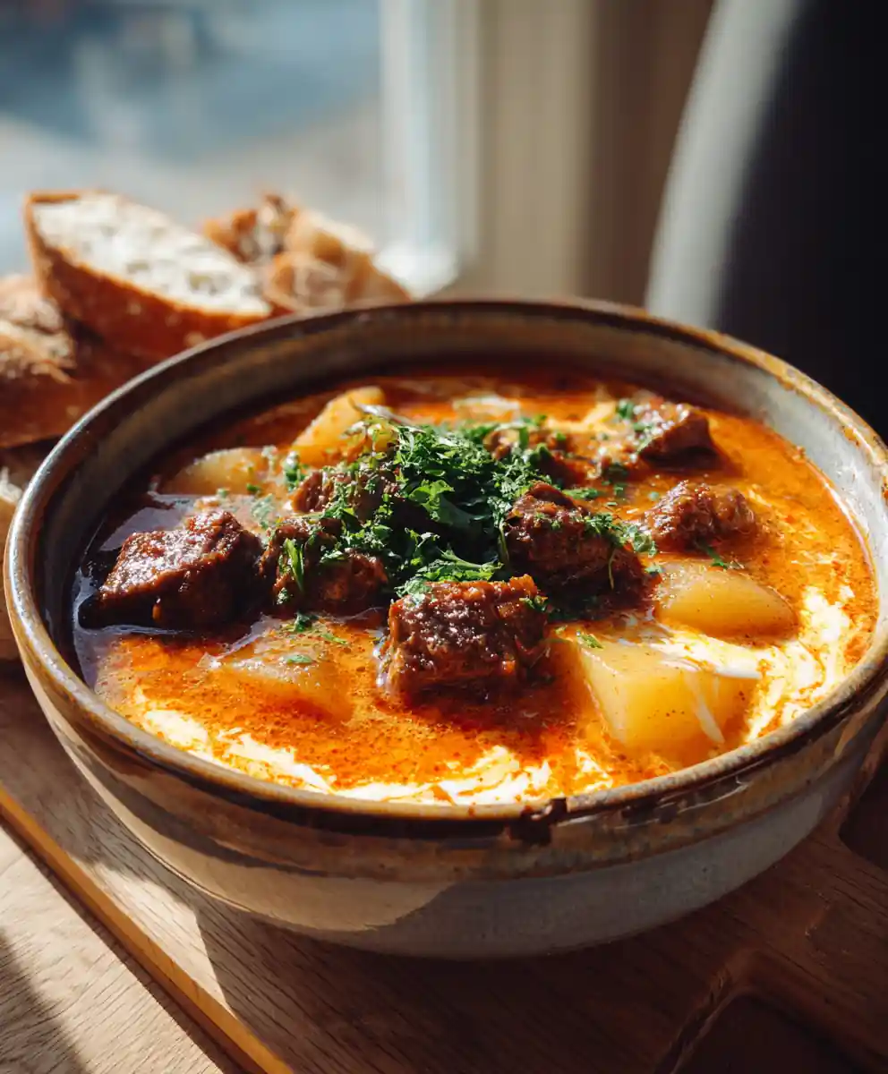 Old Fashioned Beef Stew with Smoked Paprika Cream Swirl