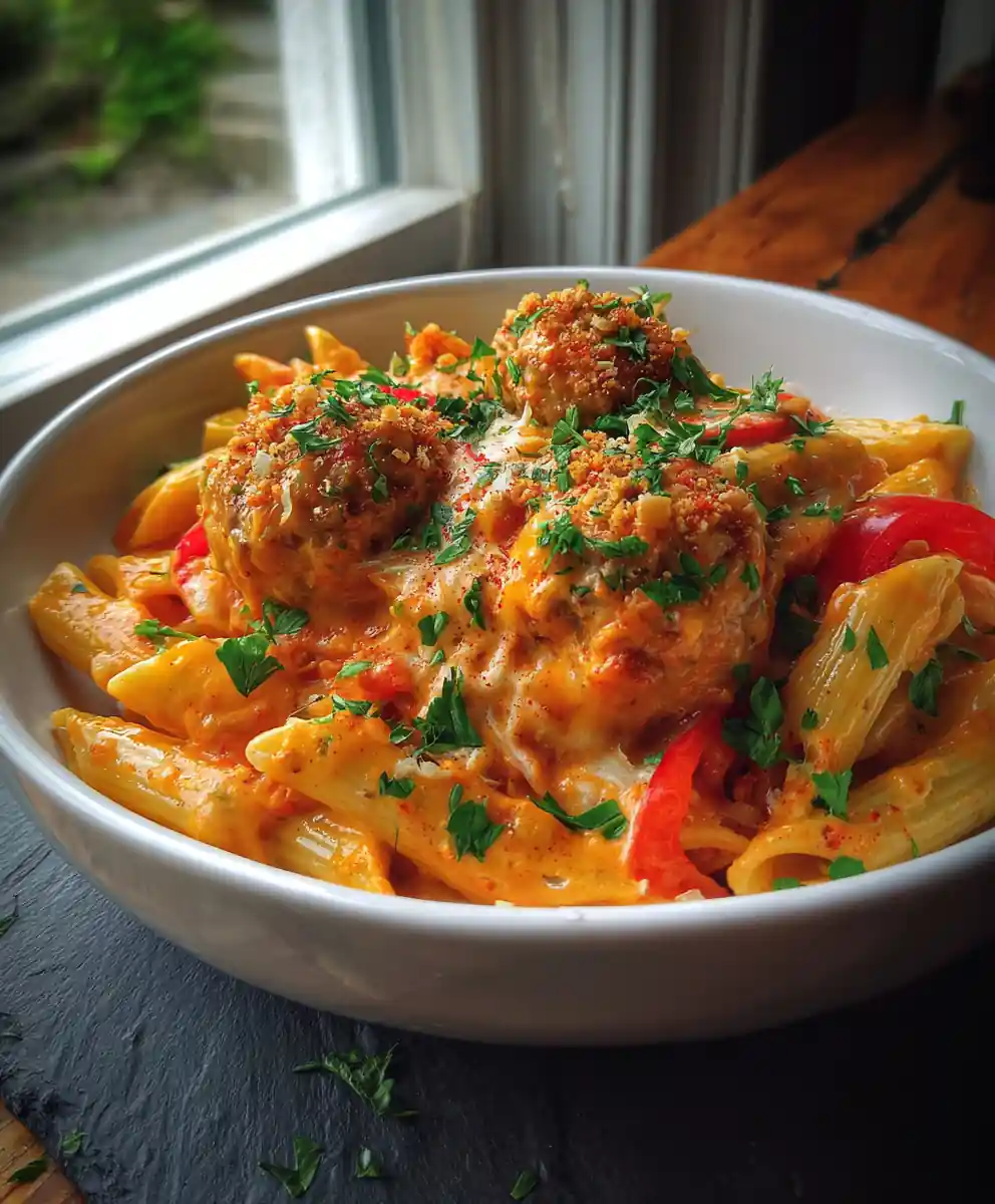 One Pot Creamy Cajun Pasta with Cheese Stuffed Meatballs
