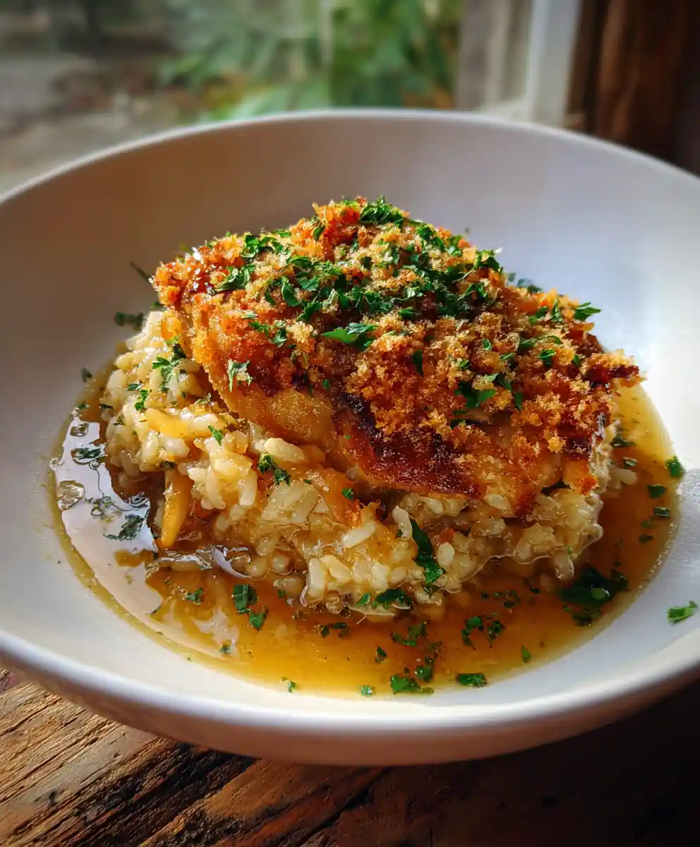 One Pot French Onion Chicken Rice with Golden Herb Parmesan Crumble
