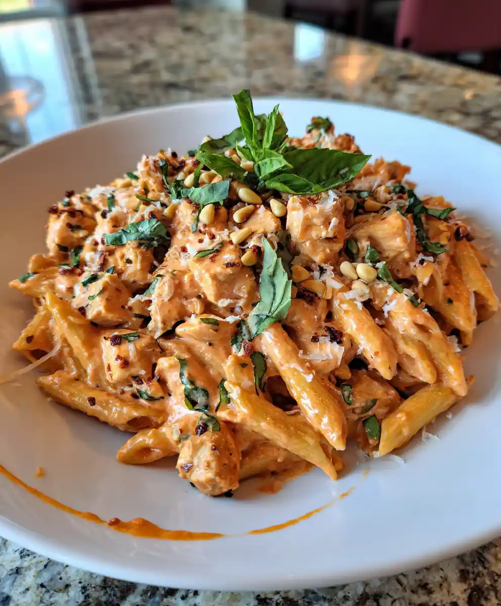 One Pot Garlic Parmesan Chicken Pasta with Sun Dried Tomato Cream Swirl