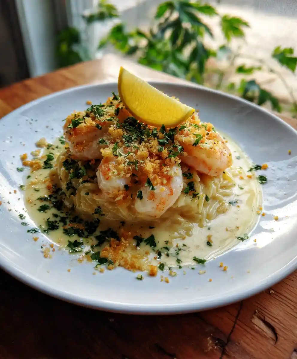 One Pot Shrimp & Orzo Pasta with Lemon Garlic Cream and Herb Panko Crumble