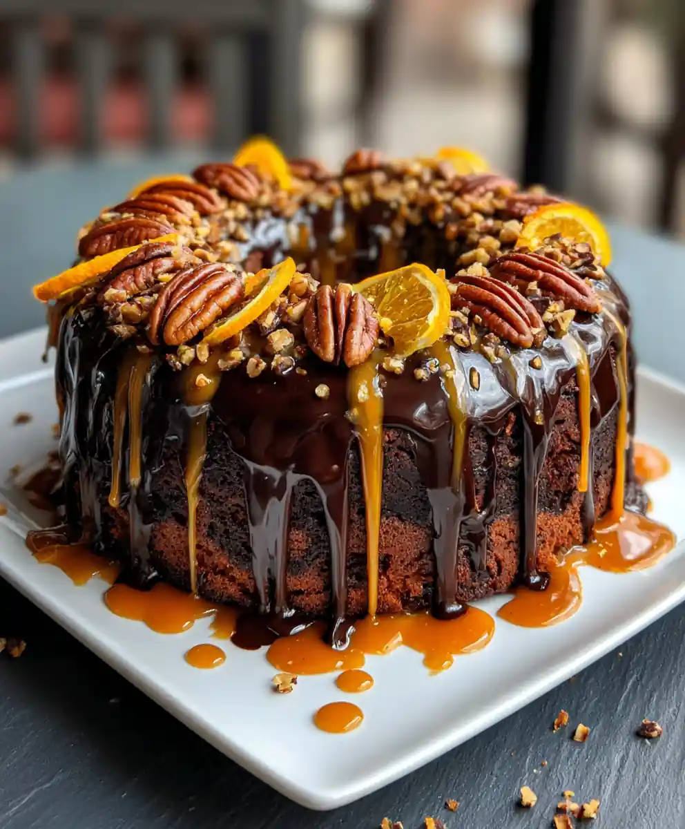 Orange Zest Caramel Swirl Pecan Chocolate Cake