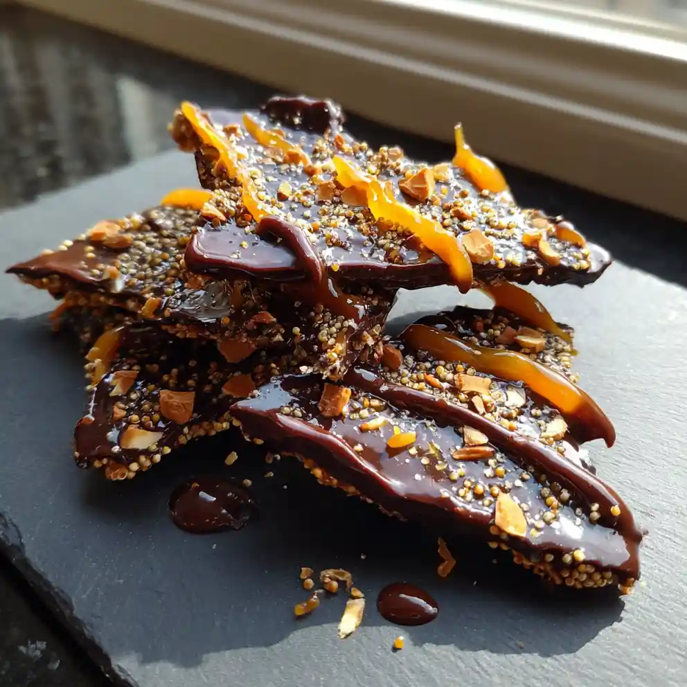 Orange Zest Dark Chocolate Quinoa Crisps with Caramel Ribbon
