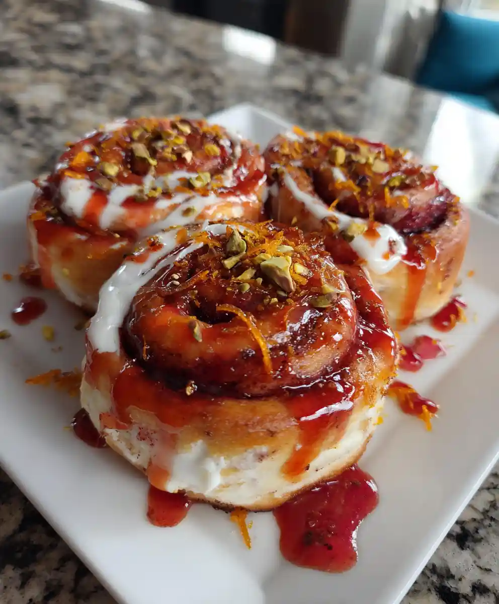 Orange Zest Red Velvet Cinnamon Rolls with Raspberry Glaze