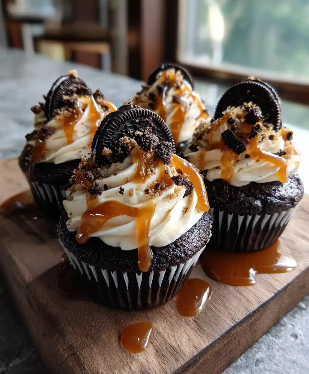 Oreo Chocolate Cupcakes with Caramel Core & Drizzle