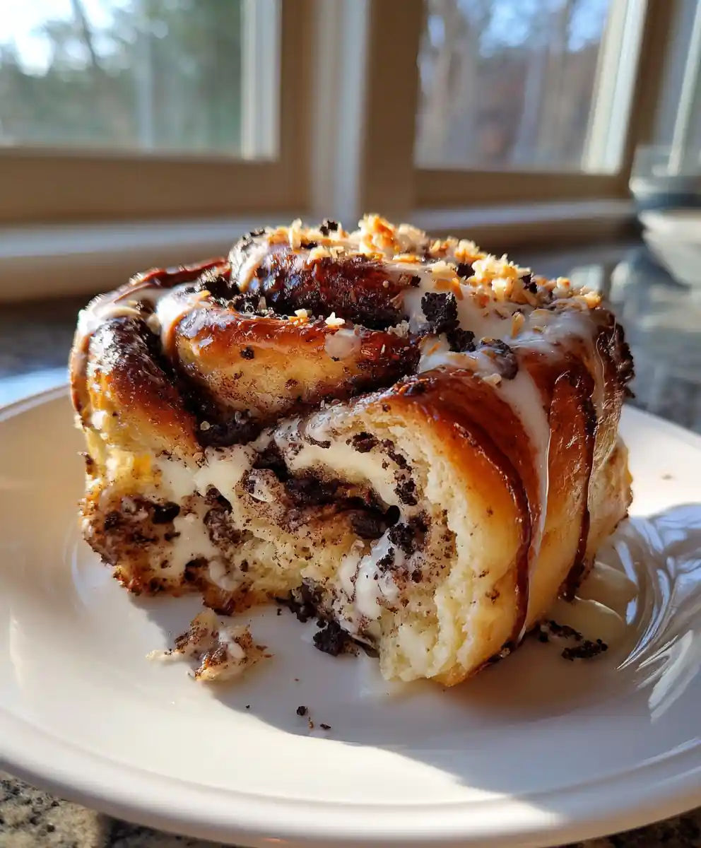 Oreo Stuffed Cinnamon Rolls with Dark Chocolate Caramel Swirl