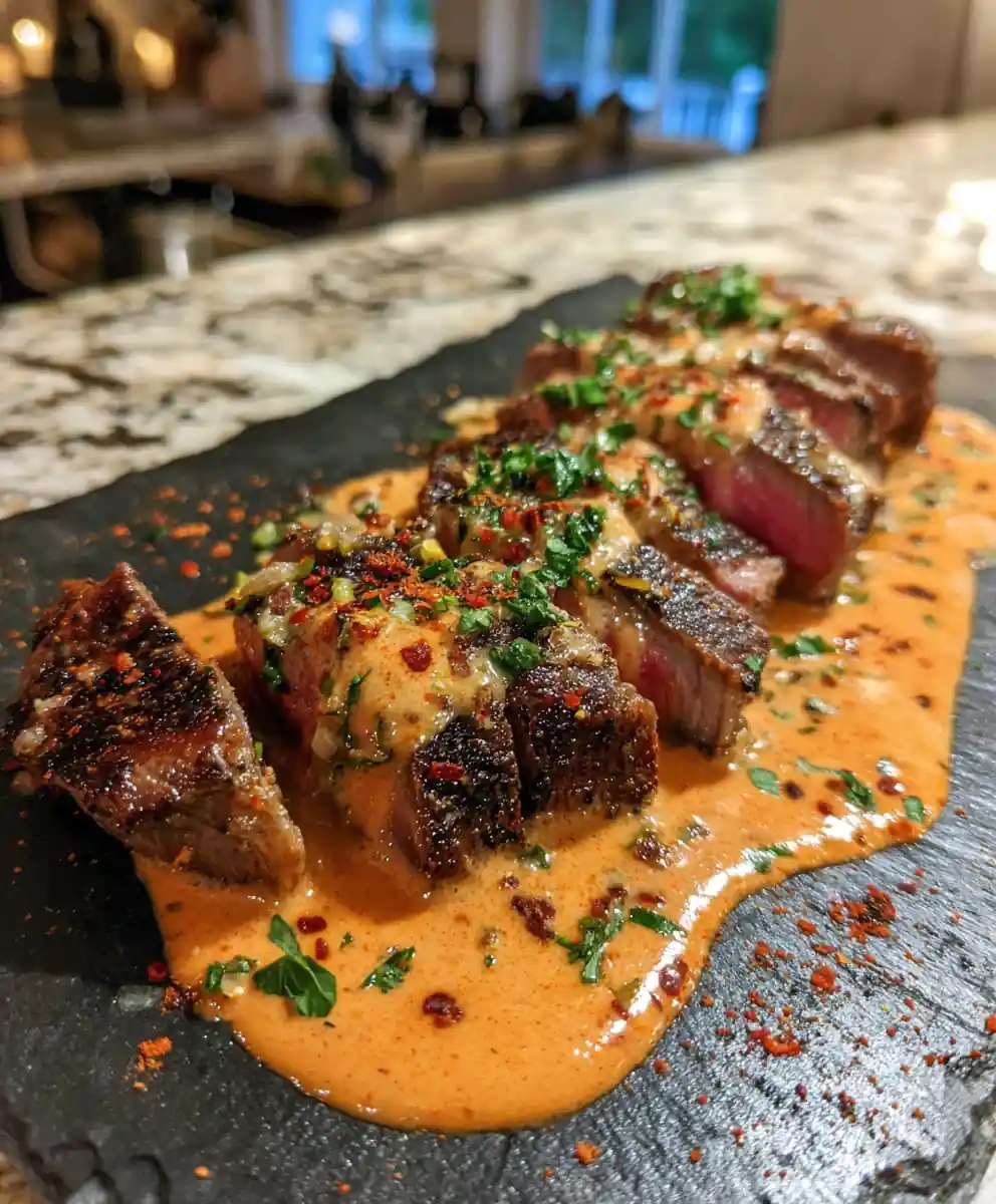 Pan Seared Steak with Roasted Red Pepper Garlic Cream Sauce