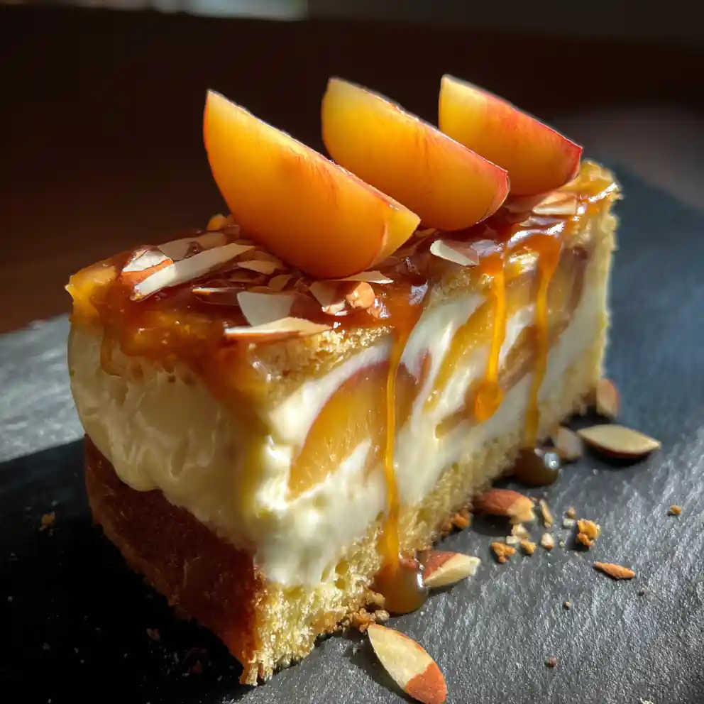 Peach Cake with Cardamom Cream Swirl and Caramelized Peach Glaze