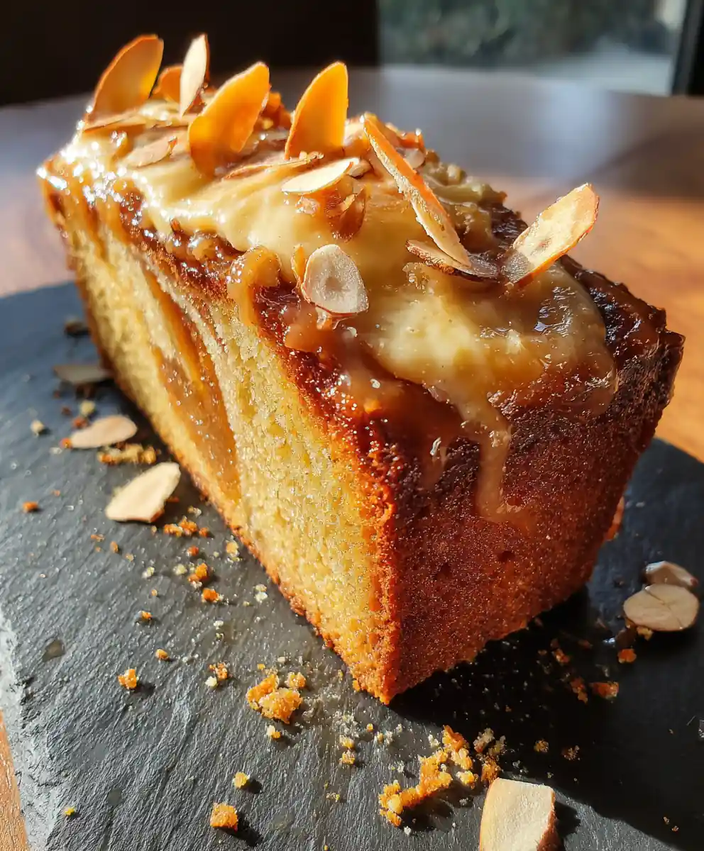 Peach Cake with Cardamom Cream Swirl and Caramelized Peach Glaze